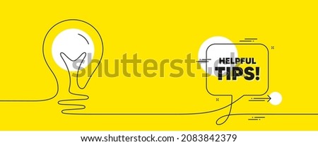 Helpful tips text. Continuous line idea chat bubble banner. Education faq sign. Help assistance symbol. Helpful tips chat message lightbulb. Idea light bulb yellow background. Vector