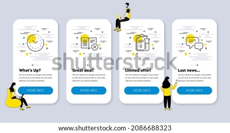 Vector Set of Business icons related to Time management, Medical analyzes and Reject book icons. UI phone app screens with people. Employees messenger line symbols. Vector