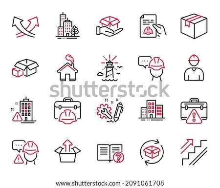 Vector Set of Industrial icons related to Building warning, Home and Foreman icons. Engineer, Skyscraper buildings and Hold box signs. Help, Packing boxes and Send box. Builder warning. Vector