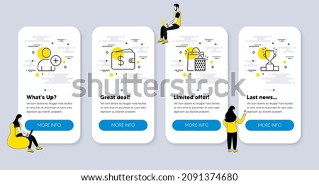 Vector Set of line icons related to Dollar wallet, Shopping bags and Add user icons. UI phone app screens with people. Winner podium line symbols. Cash money, Sale marketing, Profile settings. Vector