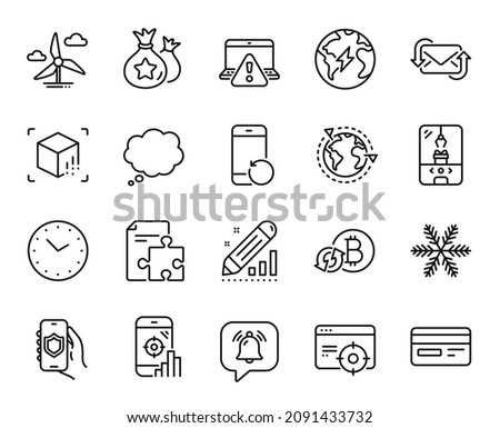Vector set of Security app, Crane claw machine and Notification bubble line icons set. Credit card, Online warning and Outsourcing icons. Seo phone, Loyalty points and Electricity signs. Vector