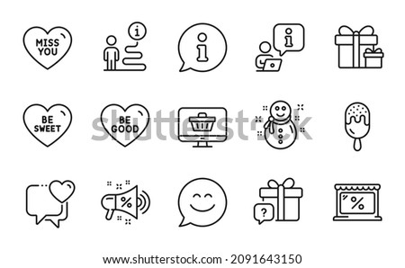 Holidays icons set. Included icon as Market, Smile chat, Web shop signs. Heart, Be good, Be sweet symbols. Surprise package, Miss you, Ice cream. Secret gift, Snowman, Sale megaphone. Vector