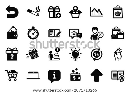 Vector Set of simple icons related to Diploma, Remove account and Investment graph icons. Brand ambassador, Laptop and Undo signs. Smoking, Wallet and Timer. Upload, Idea lamp and Add gift. Vector