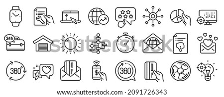 Set of Technology icons, such as Phone payment, Smartwatch, Air fan icons. Seo, 360 degree, Payment card signs. Credit card, Love mail, Heart. Sun energy, Thumb down, Timer. Seo idea. Vector