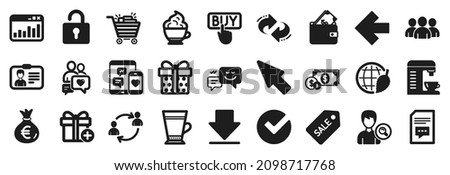 Set of simple icons, such as User communication, Coffee machine, Refresh icons. Sale ticket, Group, Left arrow signs. Downloading, Verify, Dollar money. Identification card, Mouse cursor. Vector