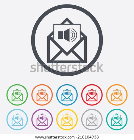 Voice mail icon. Speaker symbol. Audio message. Round circle buttons with frame. Vector