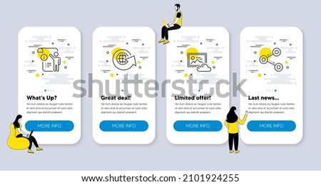 Vector Set of Technology icons related to Manual doc, World globe and Photo cloud icons. UI phone app screens with people. Share line symbols. Project info, Around the world, Image hub. Vector