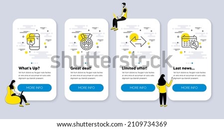 Vector Set of Business icons related to Sync, Ab testing and Dog competition icons. UI phone app screens with people. Spanner line symbols. Synchronize, Phone test, Winner medal. Vector