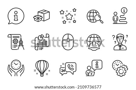 Technology icons set. Included icon as Safe time, 24h service, Packing boxes signs. Report document, Air balloon, Global engineering symbols. Stars, Divider document, Computer mouse. Vector