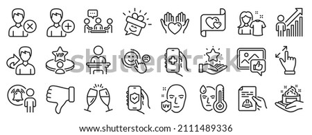 Set of People icons, such as Champagne glasses, Hold heart, Love letter icons. Share, People chatting, Smile signs. Remove account, Like photo, Add person. Touchscreen gesture, Clean shirt. Vector