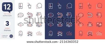 Set of Puzzle options, Touchscreen gesture and Favorite chat line icons. Include Undo, Swipe up, Analytics graph icons. Cloud computing, Stars, Refrigerator web elements. Messages. Vector
