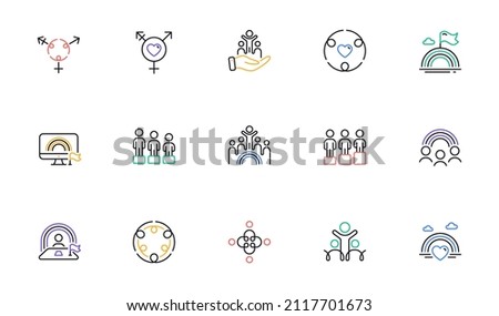 Equality, Equity and Diversity line icons. LGBT rights, Equal opportunities and respective needs icons. Inclusion, culture equity and LGBT pride flag. Diverse people equality, Gender symbol. Vector