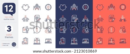 Set of Report, Teamwork and Inclusion line icons. Include Idea, Puzzle, Job interview icons. Online statistics, Article, Info web elements. Employee, Interview job, Start business. Vector