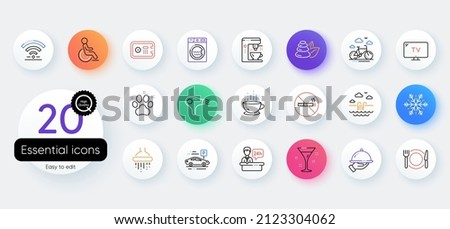 Hotel service line icons. Bicolor outline web elements. Wi-Fi, Air conditioning and Coffee maker machine. Spa stones, swimming pool and bike rental icons. Hotel parking, safe and shower. Vector