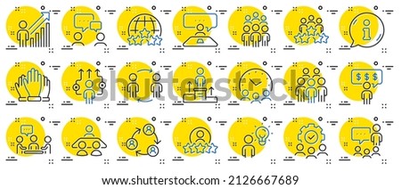 Business people line icons. Team, meeting, job structure. Group people, communication, member icons. Congress, talk person, partnership. Job interview, business idea, voting. Vector