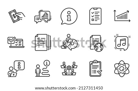 Education icons set. Included icon as Musical note, Atom core, Online survey signs. Internet document, Chart, Teamwork symbols. Delegate work, Graph chart, Copy documents. Interview. Vector Photo stock © 