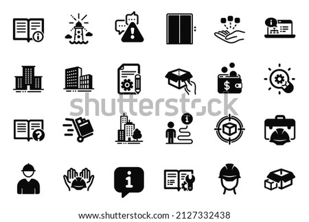 Vector Set of Industrial icons related to Lift, Builders union and Lighthouse icons. Technical info, Online documentation and Warning signs. Packing boxes, Construction toolbox and Engineer. Vector