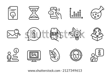Technology icons set. Included icon as Time, Face detect, Thumb down signs. Mail app, Call center, Chemistry lab symbols. Dot plot, Eco energy, Search mail. Organic product line icons. Vector