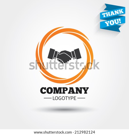 Handshake sign icon. Successful business symbol. Business abstract circle logo. Logotype with Thank you ribbon. Vector