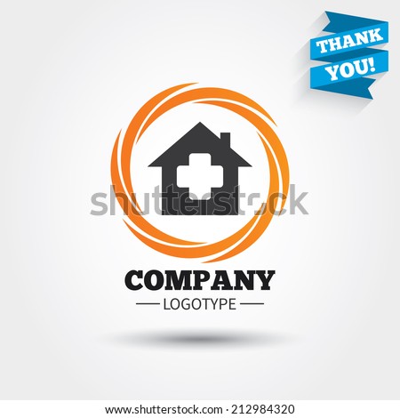 Medical hospital sign icon. Home medicine symbol. Business abstract circle logo. Logotype with Thank you ribbon. Vector
