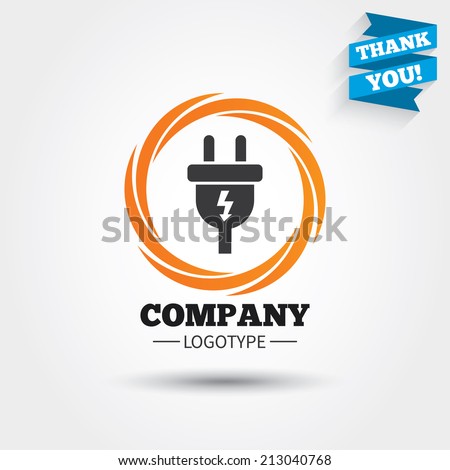 Electric plug sign icon. Power energy symbol. Lightning sign. Business abstract circle logo. Logotype with Thank you ribbon. Vector