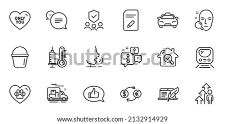 Outline set of Thermometer, Only you and Face search line icons for web application. Talk, information, delivery truck outline icon. Include Security agency, Currency exchange, Metro icons. Vector