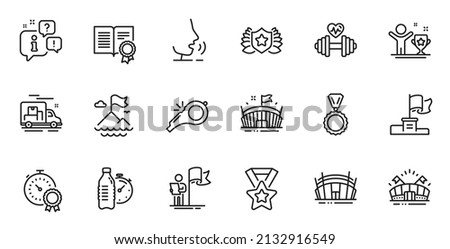 Outline set of Laureate, Fitness water and Arena stadium line icons for web application. Talk, information, delivery truck outline icon. Include Diploma, Arena, Winner flag icons. Vector