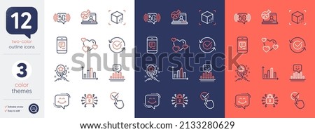 Set of Augmented reality, Smile chat and Heart line icons. Include Loyalty points, Checkbox, Approved icons. Security lock, Smile, 5g wifi web elements. Online chemistry, Diagram graph. Vector