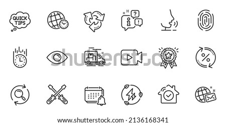 Outline set of Time zone, Recycle and Loyalty award line icons for web application. Talk, information, delivery truck outline icon. Include Quick tips, House security, Eye icons. Vector