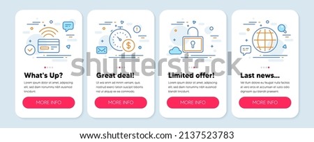 Set of Technology icons, such as Contactless payment, Last minute, Lock symbols. Mobile app mockup banners. Globe line icons. Credit card, Buying timer, Private locker. Internet world. Vector