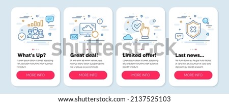 Set of Business icons, such as Checkbox, Teamwork results, Recovery cloud symbols. Mobile screen banners. Reject protection line icons. Confirmed, Group work, Backup info. No security. Vector