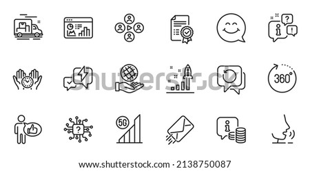 Outline set of 5g wifi, 360 degrees and E-mail line icons for web application. Talk, information, delivery truck outline icon. Include Certificate, Seo statistics, Lightning bolt icons. Vector