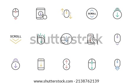 Scroll down line icons. Scrolling mouse, landing page swipe signs. Mobile device technology icons. Website scroll navigation. Phone scrolling. Linear set. Bicolor outline web elements. Vector
