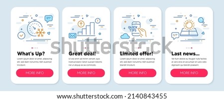 Set of Business icons, such as Freezing timer, Education, Graph chart symbols. Mobile screen banners. Sun energy line icons. Air conditioning, Quick tips, Growth report. Solar panels. Vector