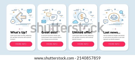 Set of Business icons, such as Text message, Buy currency, Left arrow symbols. Mobile screen app banners. Justice scales line icons. Chat bubble, Money exchange, Direction arrow. Vector