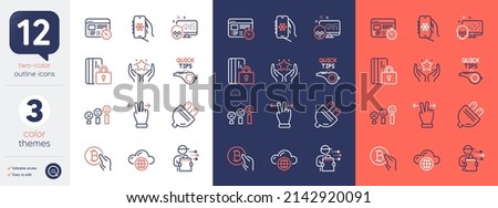 Set of Cyber attack, Blocked card and Air conditioning line icons. Include Tutorials, Customer satisfaction, Bitcoin pay icons. Web timer, Electric plug, Cloud computing web elements. Vector