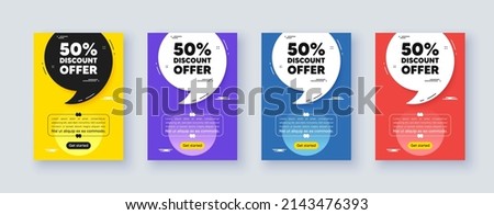 Poster frame with quote, comma. 50 percent discount tag. Sale offer price sign. Special offer symbol. Quotation offer bubble. Discount message. Vector