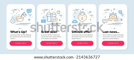 Set of line icons, such as Add gift, Cooking water, Love lock symbols. Mobile app mockup banners. Business meeting line icons. Present box, Glass, Bridge locker. Rating star. Add gift icons. Vector
