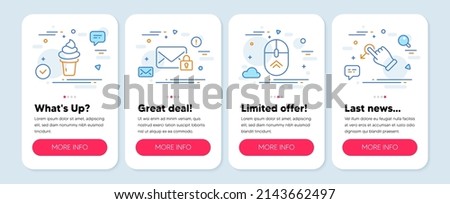 Set of Business icons, such as Ice cream, Secure mail, Swipe up symbols. Mobile screen banners. Drag drop line icons. Vanilla waffle, Private e-mail, Scrolling page. Move. Ice cream icons. Vector