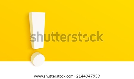 3d exclamation mark on yellow background. Important information icon. Attention big symbol. Help desk 3d exclamation mark background. Attention, important info design. Banner with emphasis. Vector