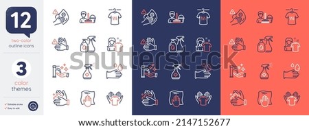 Set of Dont touch, Hold t-shirt and Washing cloth line icons. Include Dry t-shirt, Wash hands, Cleaning liquids icons. Rubber gloves, Clean shirt, Dirty mask web elements. Bicolor outline icon. Vector
