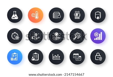 Minimal set of Growth chart, Drop counter and Freezing flat icons for web development. Celsius thermometer, Recovery server, Report icons. Employee hand, Checklist. Circle buttons with icon. Vector