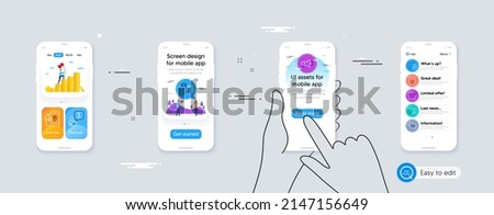 Set of Megaphone, Checkbox and Interview line icons. Phone ui interface. Include Wallet, Puzzle, Thumb down icons. Quote bubble, Smile, Food app web elements. For web, application. Vector
