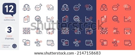 Set of Data analysis, Message and New mail line icons. Include Clipboard, Document attachment, Music phone icons. Video conference, Conversation messages, Chemistry lab web elements. Vector