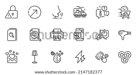 Outline set of Hair dryer, Dirty water and Search files line icons for web application. Talk, information, delivery truck outline icon. Include Direction, Food delivery, Electricity icons. Vector