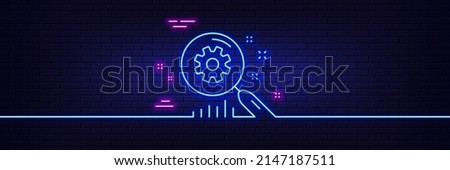 Neon light glow effect. Search statistics line icon. Find analysis sign. 3d line neon glow icon. Brick wall banner. Search statistics outline. Vector