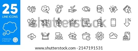Outline icons set. Customer survey, Delivery warning and Smartphone icons. Scroll down, Farsightedness, Cake web elements. Creativity concept, Security agency, Dating app signs. Vector