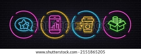 Coffee delivery, Graph phone and Star minimal line icons. Neon laser 3d lights. Money box icons. For web, application, printing. Soft beverage, Mobile statistics, Favorite. Accounting. Vector