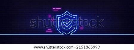 Neon light glow effect. Check mark line icon. Accepted or Approve sign. Tick shield symbol. 3d line neon glow icon. Brick wall banner. Confirmed outline. Vector