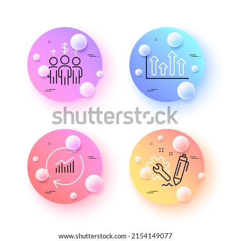 Upper arrows, Meeting and Engineering minimal line icons. 3d spheres or balls buttons. Update data icons. For web, application, printing. Growth infochart, Business collaboration, Construction. Vector